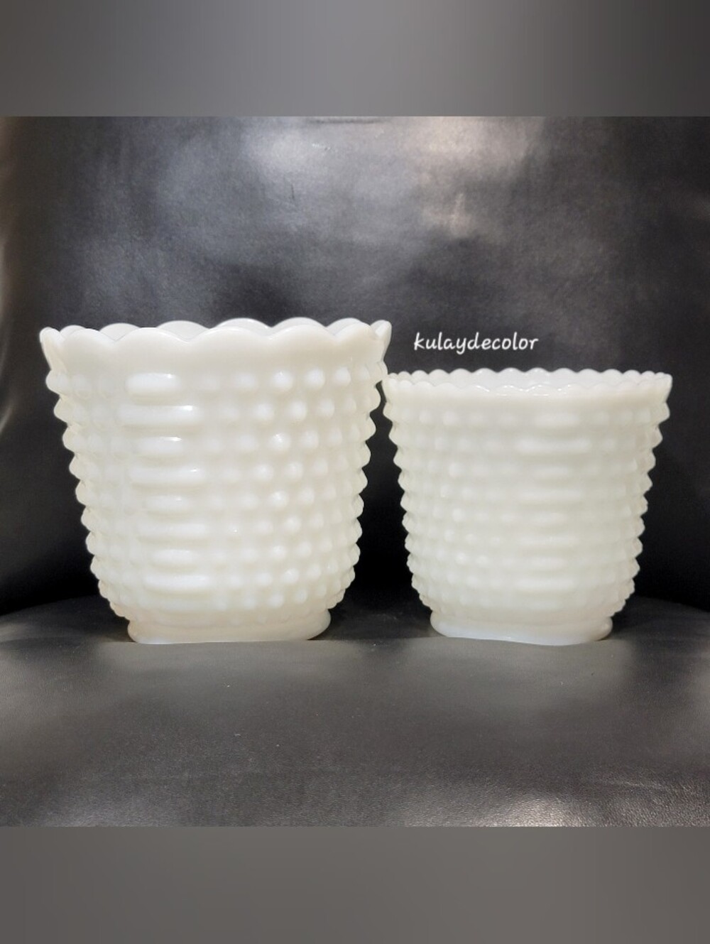 Vintage Set of 2 White Milk Glass Hobnail Planters Cachepots Scalloped Bowl Vase